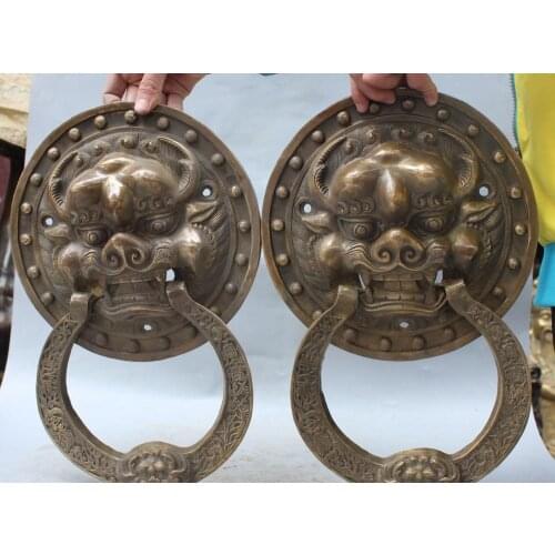 15" Chinese Feng Shui Folk Bronze Foo Fu Dog Guardion Lion Knocker Statue Pair