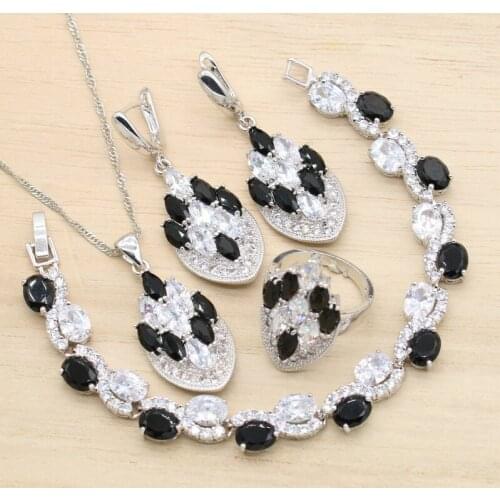 Classic Silver Color Jewelry Sets For Women Wedding Black White Cubic Zircon Earrings Pendant Necklace Bracelet Ring Gift 4PCS