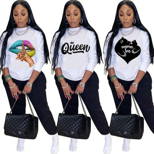 Echoine High Street Womens print Set Long Sleeve Tee Tops Sweatpants Jogger pants Suit Tracksuit Matching 2 Two pcs Set Outfits