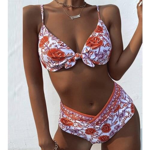 Sexy Retro Print High Waist Women Bikini Set Swimsuit Two Piece Brazil Deep V Bow Swimwear 2021 Push Up Beachwear Bathing Suits