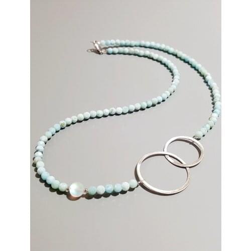 Lii Ji Larimar Natural Stone Necklace 925 Sterling Silver 18K Plated Geometric Double Circle Necklace 45cm Delicate Jewelry