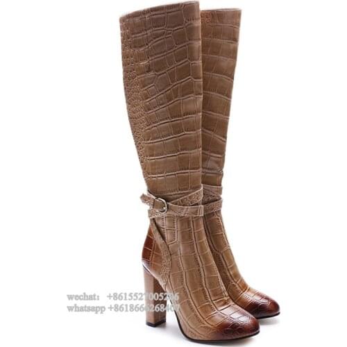 Fashion Square Heeled Brown Crocodile Pattern Leather Round Toe Ankle Wrap Straps Women Knee Boots High Heel Winter Buckle Shoes