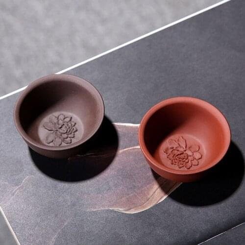 4pcs/set Purple Clay Tea Set Peony Teacup 50ml Kung Fu Drinkware Tea Accessories Handmade Crafts Kithcne Drinking Tool