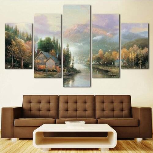 Wall Art Canvas Picture Bedside Background Bedroom Decor 5 Pieces Country Cabin Scenery HD Printed Poster Frame Modular Painting
