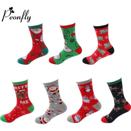 PEONFLY Novelty Happy Funny Womens Christmas Socks Casual Cute Elk Snowman Printed Combed Cotton Calcetines Girl Christmas Gift