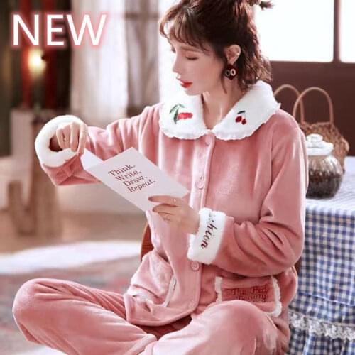 Womens Lace Pajamas Sexy Sleepwear Set Women Embroidery Pajama Set Long Shirt Pant Hot Warm Flannel Winter Homewear Big Size