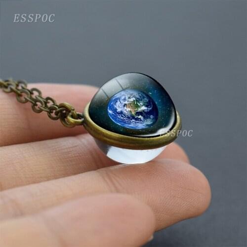 Earth Photo Glass Ball Double Side Pendant Necklace Satellite Map Sphere Crystal Pendant Friendship Trendy Jewelry