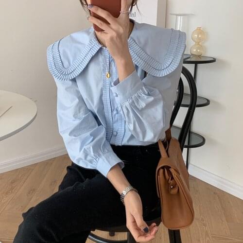 Alien Kitty 2021 New Sweet All-Match Casual French Female Retro Women Peter Pan Collar Loose Pleated Shirts Solid Tops