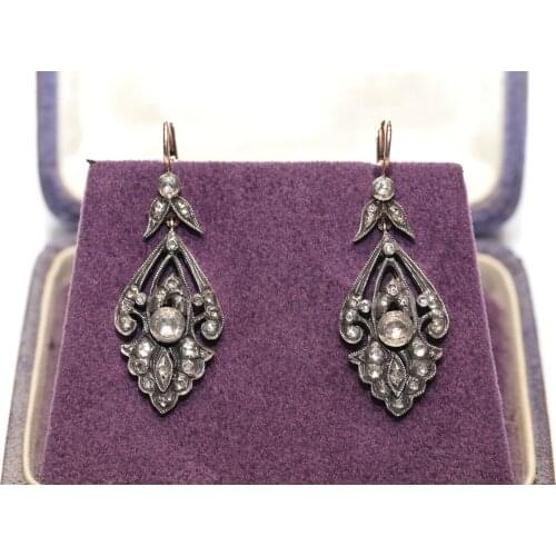 OLD VINTAGE 10K GOLD NATURAL ROSE CUT DIAMOND DECORATED PRETTY AMAZING EARRING