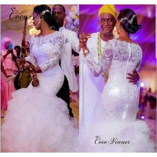 Boat Neck Tassle Tail Tiered Mermaid Wedding Dresses Africa New Long Sleeve Crystal Beading Lace Wedding Dress W0475