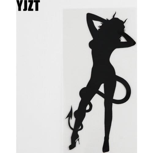 YJZT 7.4CMX15.3CM Sexy Devil Girl Horns And Tail Decal Vinyl Car Sticker Black/Silver 8A-0409