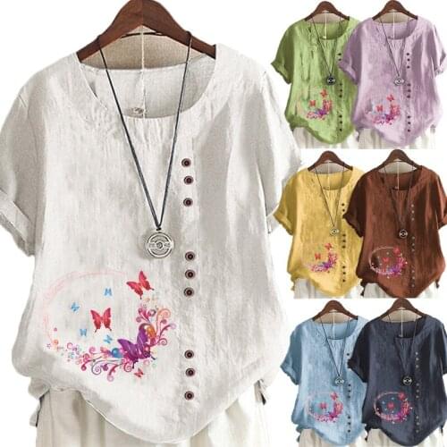 Womens Fashion Summer New Floral Printed Short Sleeve T-shirt Casual Round Neck Tops Loose Solid Color Blouse