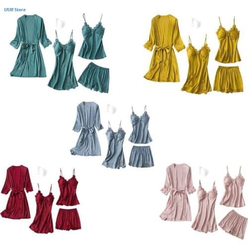 Women Silky 4Pcs Pajamas Sexy Cami Top Shorts Nightgown Robe Set Lace Embroidery Solid Lingerie Sleepwear with Chest Pad