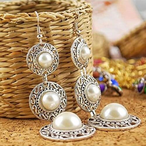 Retro Ethnic Three-Layer Pearl Round Hat Earrings Womens Jewelry