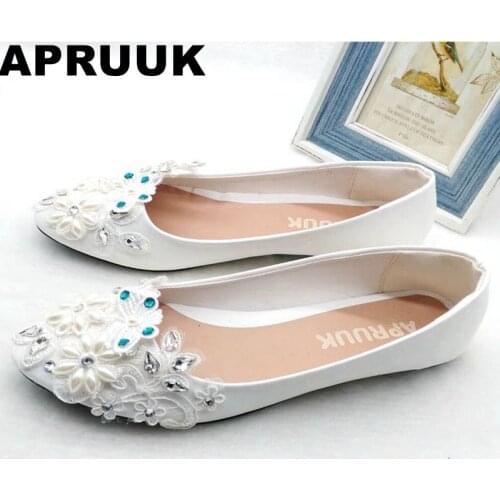 Women wedding shoes flat heel round toes plus size bride shoes lady female sweet lace pearls proms dress evening party shoes