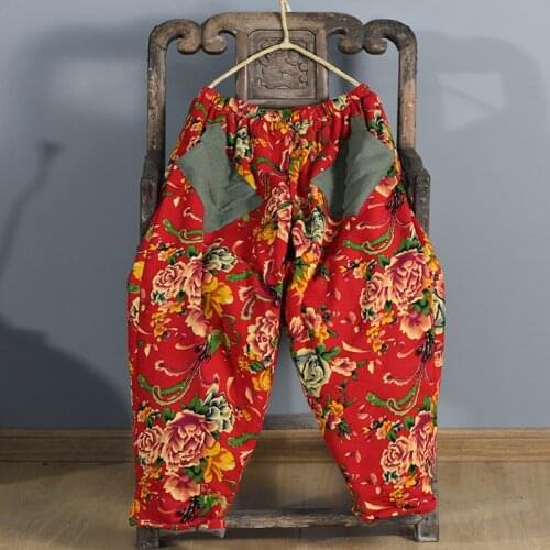 Women Loose Printed Elastic Waist Patchwork Pants Ladies Vintage Warm Padded Pants Female Print Trousers 2020