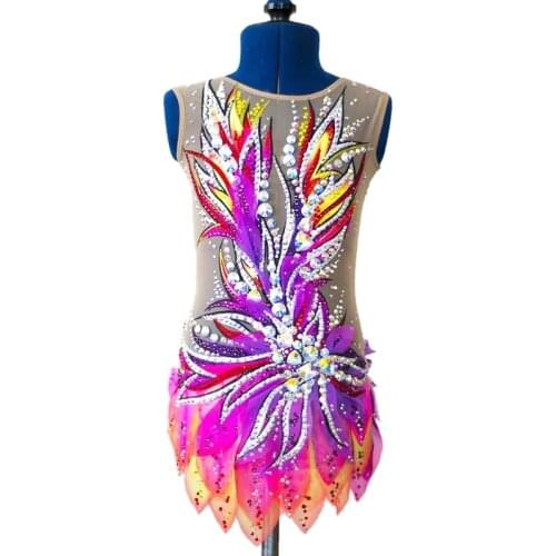 Custom Rhythmic Gymnastics Competion Girls Gymnastics Skating Dress Women Artistic Gymnastics Dresses Elasticity Spandex 1 piece
