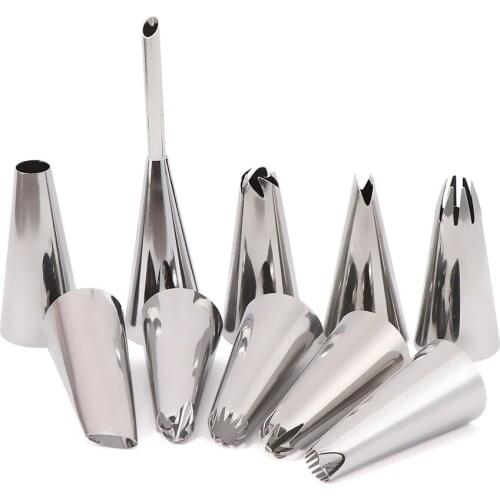 10Pcs/Set Piping Tips Cake Decorating Set Baking Supplies Kit Stainless Steel Long Puff Mounting Nozzles Reusable Kitchen Nozzle