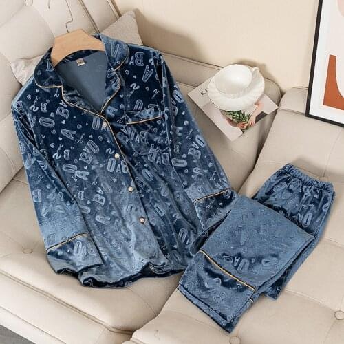 2PCS Velour Pajamas Set Women Autumn Winter Sleepwear Nightwear Casual Sleep Set Loose Soft Bathrobe Long Sleeve 2Pcs Shirt&pant