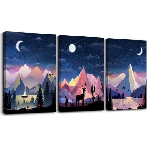 Abstract Mountain Landscape Canvas Artworks Pictures Bedroom Decoration 3 Panels Home Bathroom Wall Moon Night Posters