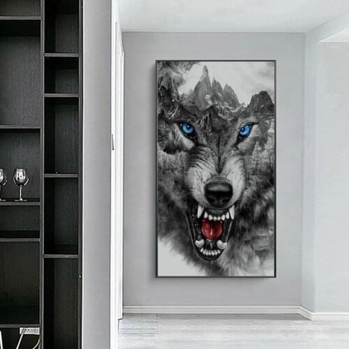 Angry Wolf Black White Posters and Prints Abstract Animals Canvas Painting on the Wall Art Picture for Living Room Home Decor