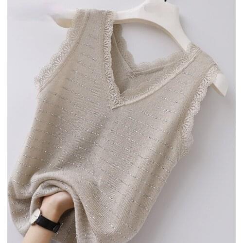 Shine Sequined Knitted Women Tank Tops Summer New 2021 Lace Patchwork Striped V-Neck Slim Elegant Office Lady Pulls Tops Tees