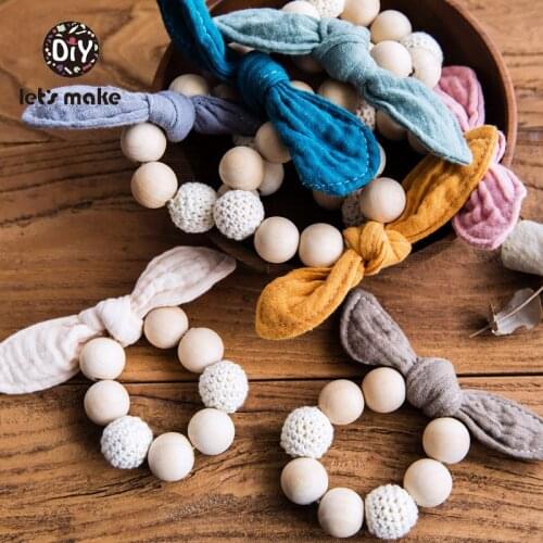 Lets Make Baby Teether Wooden Ring Feeding Bibs Cotton Crochet Beads Bow Bunny Rabbit Teether Bracelet 1PC Baby Teething Toys