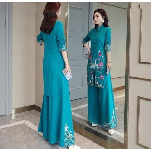 Chinese Styles Long Dress Qipao Chinese Cheongsam Dress Traditional Princess Chinoise two pieces Women Pants Suits RH498