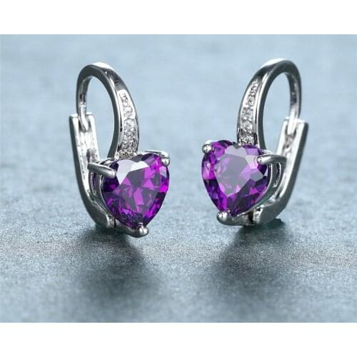 Dainty Female Purple Zircon Heart Stone Earrings Vintage Silver Color Hoop Earrings For Women Cute Rainbow Love Wedding Earrings