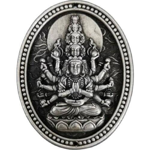 Chinese old Tibetan silver relief Avalokitesvara Buddha amulet pendant Feng Shui lucky pendant