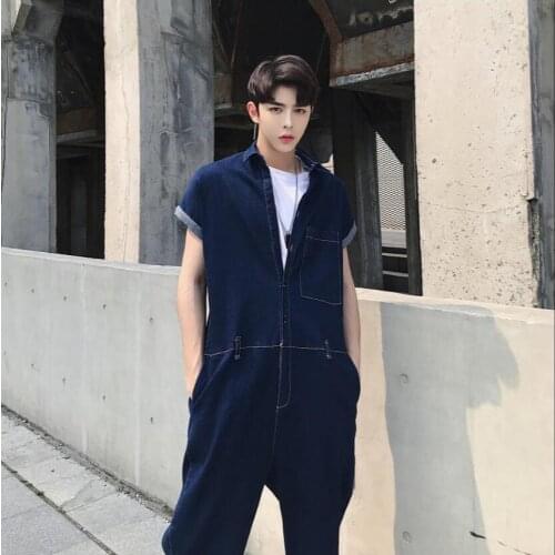 18 Summer Designer Denim One-piece Overalls Mens Large Size Casual Tooling Short-sleeved Jumpsuit Tide Male Hairstylist Jeans