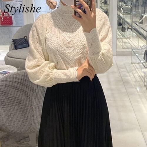 Lace Long Sleeve Top Women Autumn Apricot Turtleneck Puff Sleeves Elegant Blouses Female Casual Sweet Spring Ladies Shirt Blusas