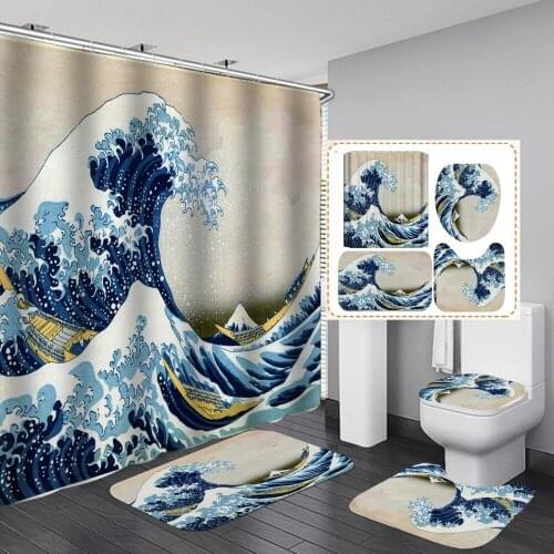 Landscape Bath Shower Curtain The Great Wave Off Kanagawa Shower Curtain with Sea Wave Pattern Waterproof Bathroom Or Mat