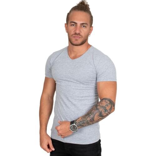 DeepSEA Male Gray V-Neck Basic T-Shirt 100 Cotton Slim Fit Lycra Short Sleeve GYM Running Slim Casual Party spring Summer 1801165