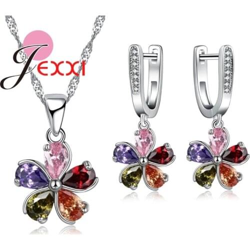 Bridal Jewelry Sets Fashion Flower Shape 925 Sterling Silver Crystal Chain Pendants Necklaces Earrings Set Wedding Gift