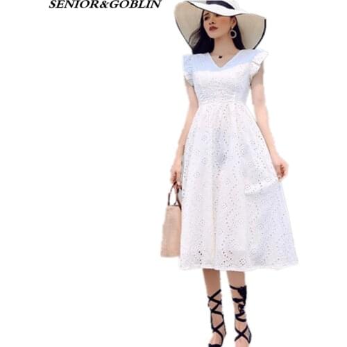 Newest Stylish2019 High-End Custom Hollow-Out lace Dresses Sexy V-Neck Embroidered White Party Dresses Women Runway Summer Dress