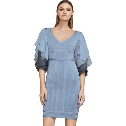 Alluring Ruffle Chiffon Patchwork Bandage Dress Short Sleeve V Neck Solid Striped Mini Bodycon Vestido Women Club Dress