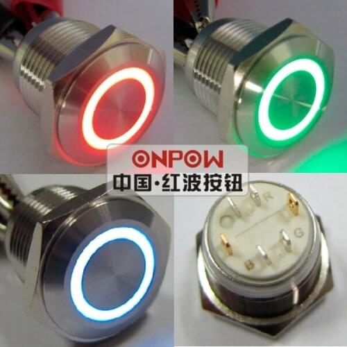 ONPOW 16mm Tri-color (RGB) Momentary ring LED illuminated stainless steel Push Button Switch (GQ16F-10E/J/RGB/S) CE,ROHS