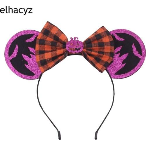 1PC New Halloween Plaid Sequins Bow Glitter Mouse Ears Hairband Pumpkin Bat Black Castle Kids Halloween Headband Hair Accessory