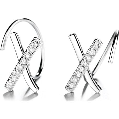 925 Sterling Silver Crystal Cross Letter Stud Earrings For Women Kids Wedding Jewelry boucle d'oreille Hypoallergenic eh1354