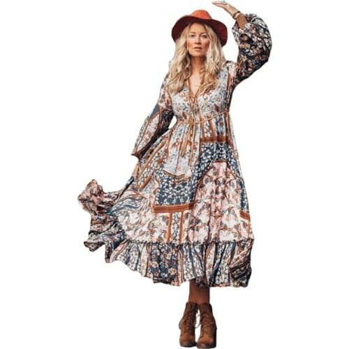 New Women Dress Printing Chiffon V-neck Dress Pring Summer Boho Women Long Sleeve Beach Dress Vintage Elegant Big Swing Dresses