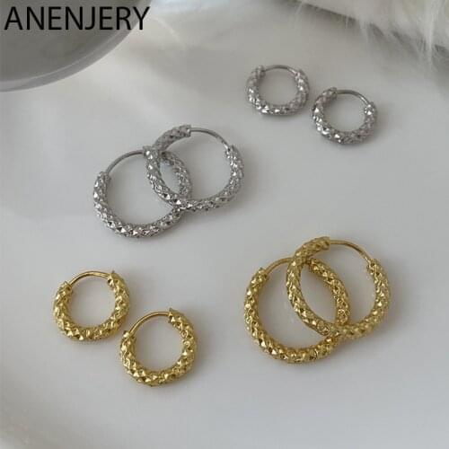 ANENJERY 925 Sterling Silver Geometric Round ShinyHoop Earrings For Women Temperament Light Luxury Earring Party Accessories