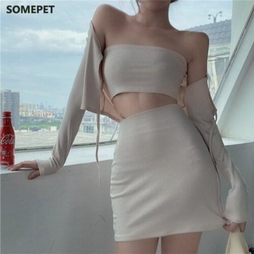 Sexy Bag Hip Skirt + Jacket Strapless Bra Camisole Three-Piece Female Summer 2021 New Style Knitting Suit