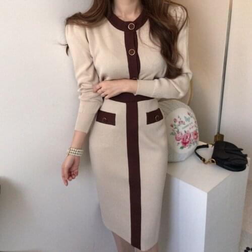 Autumn Winter Korean Fashion Knitted Suit Womens O-Necked Cardigan Sweater + High Waist Midi Skirt Two Piece Set Casual Outfits