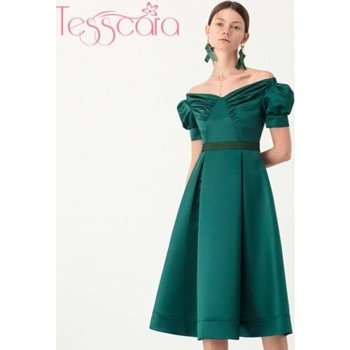 TESSCARA Women Runway Designer Luxury Green Satin Dress High Quality Vintage Puff Sleeve Party Robe Elegant Cocktail Vestidos