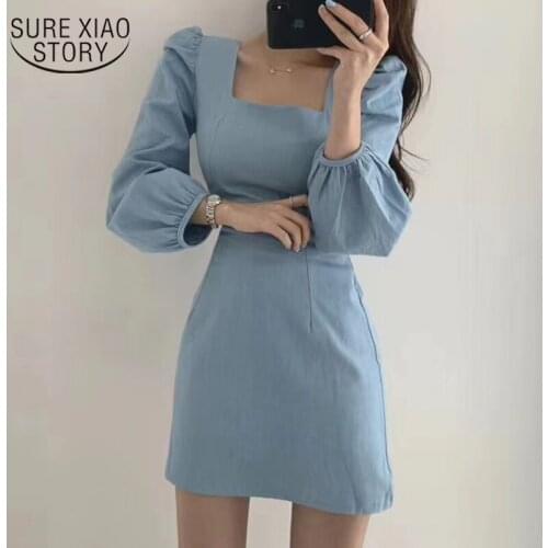 High Waist Solid Puff Sleeve Bag Hip Short Dress Korean Women Square Collar Expose Clavicle Slim Party Dress Vestidos 12148