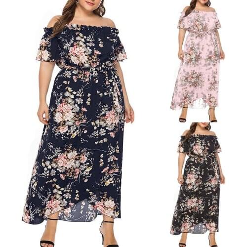 Summer Floral Print Sexy One-shoulder Large Size Ladies Casual Plus Size Strapless Beach Party Long Dress 5XL-40