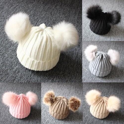 Winter Warm Boy Girls Natural Fur Ball Beanie Kids Caps Baby Knit Hat Double Faux Fur Pom Pom Hats Two Fur Pompoms Bonnets