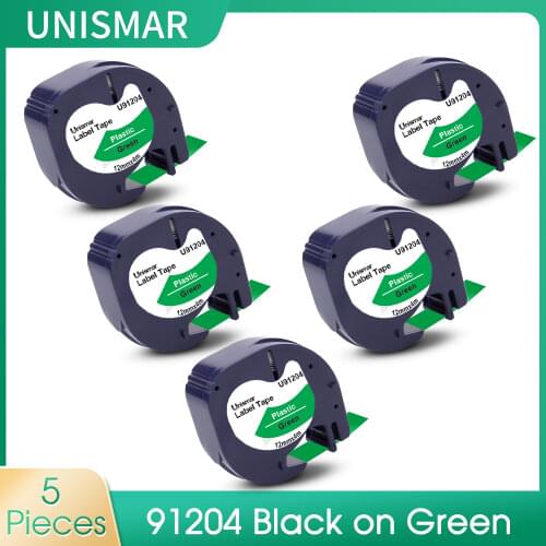 Unismar 5PK 91204 91334 Printer Ribbon 12mm Replace DYMO 91224 LT Label Tape Black on Green Tape for DYMO Letratag LT-100H Print
