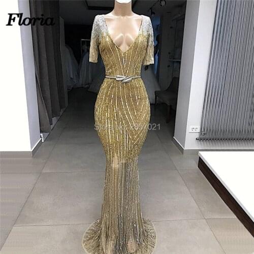 Shiny Gold Mermaid Evening Dresses For Weddings Robe de soiree Arabic Dubai Prom Dress Beaded Rhinestone Celebrity Gowns Islamic